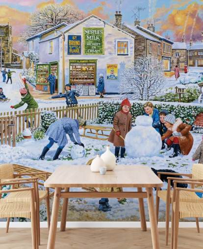 cena de inverno à moda antiga de crianças brincando no papel de parede de neve