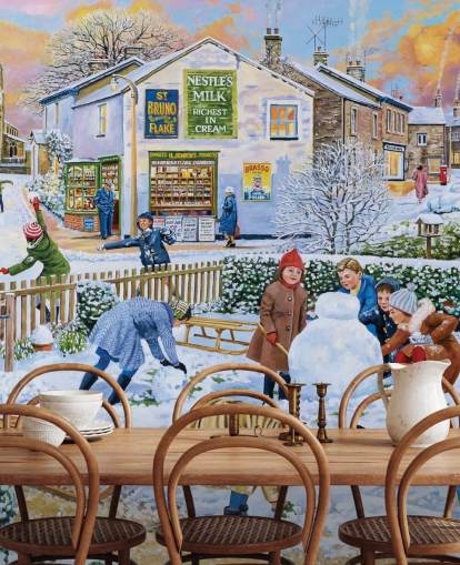 cena de inverno à moda antiga de crianças brincando no papel de parede de neve