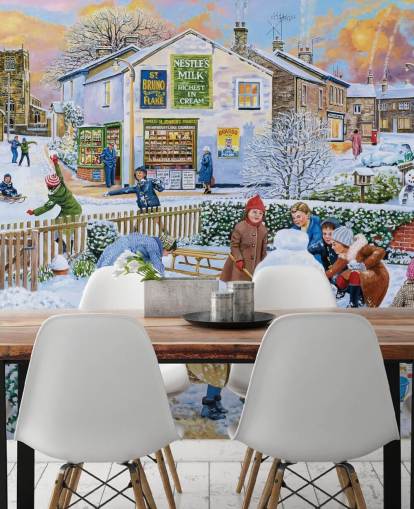 scena invernale vecchio stile di bambini che giocano nella carta da parati neve scena invernale vecchio stile di bambini che giocano nella carta da parati neve