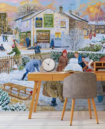 old fashioned winter scene of children playing in the snow wallpaper