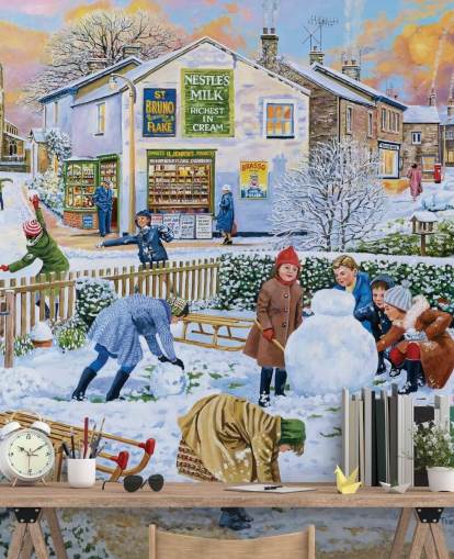 scène d'hiver à l'ancienne d'enfants jouant dans le papier peint de neige