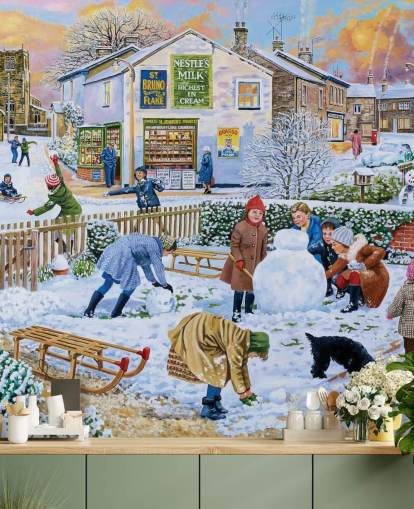 gammeldags vinter scene av barn som leker i snøen tapet