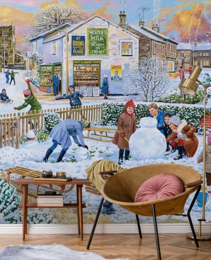 escena de invierno a la antigua usanza de los niños jugando en el papel pintado de nieve
