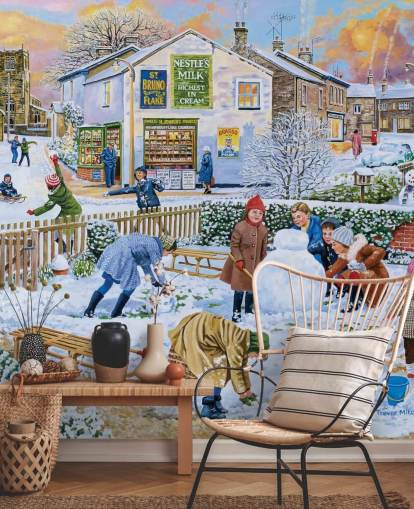 old fashioned winter scene of children playing in the snow wallpaper
