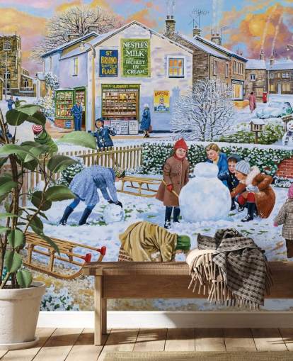 escena de invierno a la antigua usanza de los niños jugando en el papel pintado de nieve