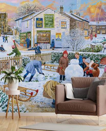 cena de inverno à moda antiga de crianças brincando no papel de parede de neve