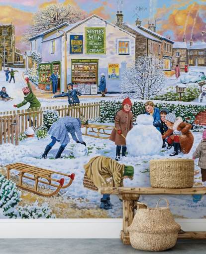 gammeldags vinter scene af børn leger i sneen tapet