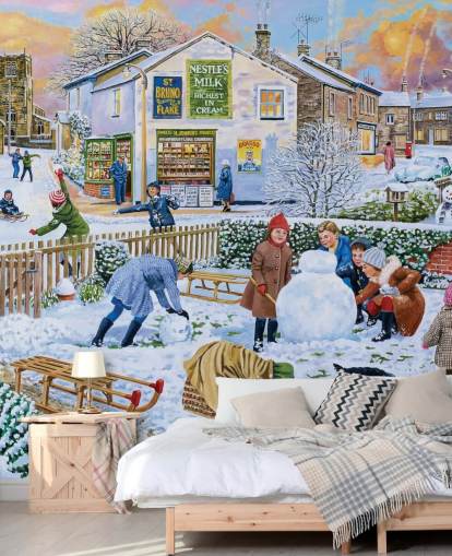 ouderwetse winterscène van kinderen die spelen in de sneeuw behang