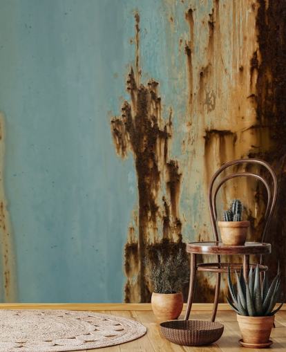 peinture murale personnalisée en métal corrodé bleu et marron appelée Mineral Drift III par Petra Meikle de Vlas