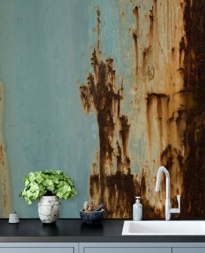 mural de metal corroído personalizado azul y marrón llamado Mineral Drift III de Petra Meikle de Vlas