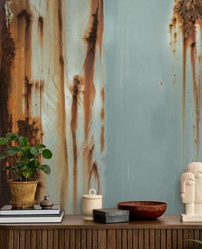 blauwe en bruine metalen muurschildering op maat genaamd Mineral Drift van Petra Meikle de Vlas blauwe en bruine metalen muurschildering op maat genaamd Mineral Drift van Petra Meikle de Vlas