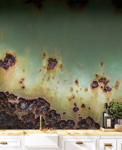 Wandbild mit grünem und braunem Metalleffekt namens Oxidised Drift von Petra Meikle de Vlas Wandbild mit grünem und braunem Metalleffekt namens Oxidised Drift von Petra Meikle de Vlas