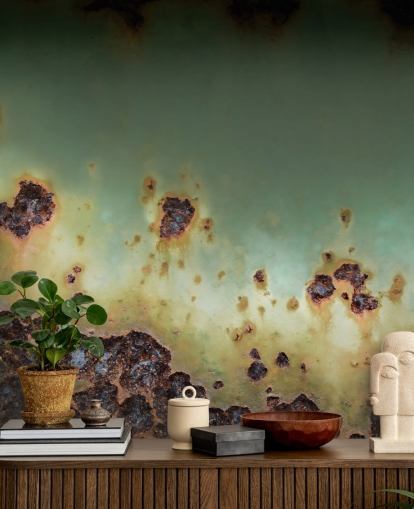 green and brown metal effect mural called Oxidised Drift by Petra Meikle de Vlas