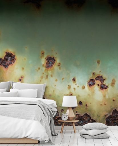 mural con efecto metálico verde y marrón llamado Oxidised Drift de Petra Meikle de Vlas