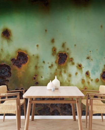 groene en bruine gecorrodeerde metalen muurschildering genaamd Surface Bloom van Petra Meikle de Vlas groene en bruine gecorrodeerde metalen muurschildering genaamd Surface Bloom van Petra Meikle de Vlas