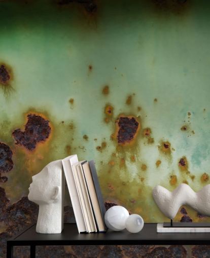 green and brown corroded metal mural called Surface Bloom by Petra Meikle de Vlas
