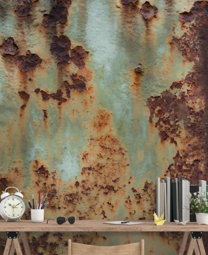 oranje en groene aanpasbare muurschildering met metaaleffect genaamd Surface Terrain van Petra Meikle de Vlas