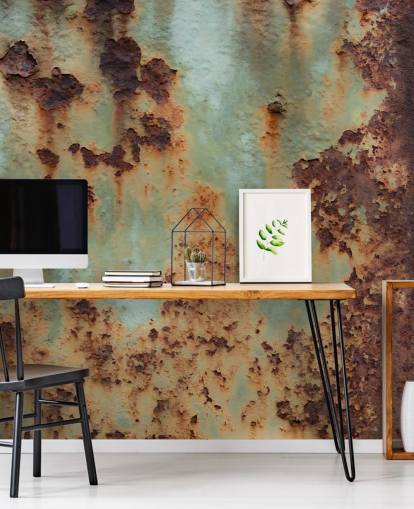 mural personalizable con efecto metálico naranja y verde llamado Surface Terrain de Petra Meikle de Vlas