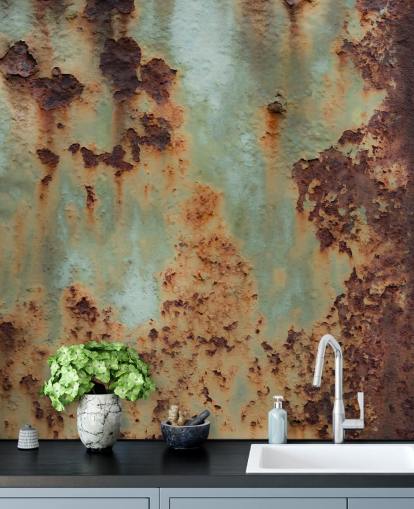 murale effetto metallo personalizzabile arancione e verde chiamato Surface Terrain di Petra Meikle de Vlas