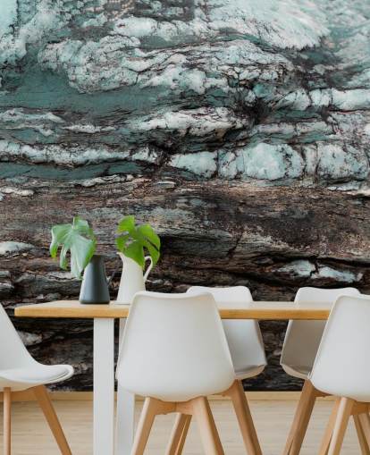 blå och grå anpassad steneffekt väggmålning som heter Turquoise Unfolding av Petra Meikle de Vlas