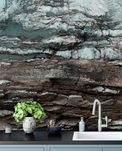 blue and gray custom stone effect mural called Turquoise Unfolding by Petra Meikle de Vlas