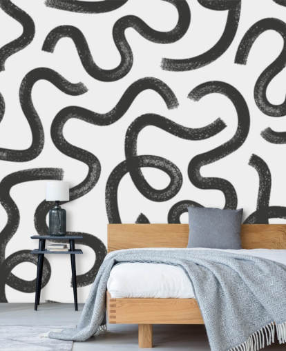mural abstracto con patrón sin fisuras personalizable en blanco y negro llamado Hand Drawn Wavy Maze
