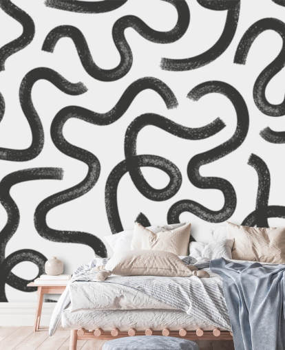 black and white customizable seamless pattern abstract mural called Hand Drawn Wavy Maze