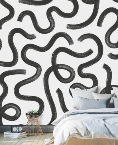 mural abstracto con patrón sin fisuras personalizable en blanco y negro llamado Hand Drawn Wavy Maze