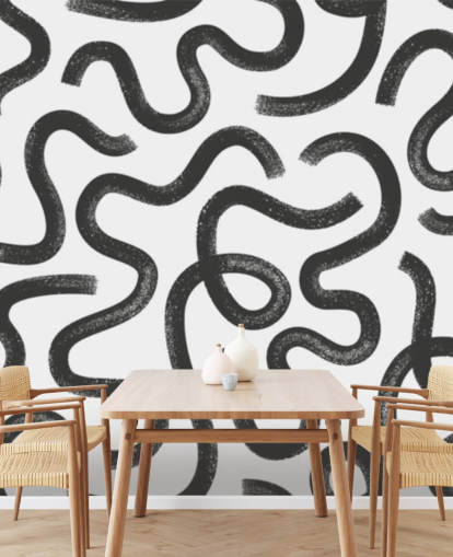 zwart-wit aanpasbare abstracte muurschildering met naadloos patroon genaamd Hand Drawn Wavy Maze