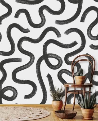 black and white customisable seamless pattern abstract mural called Hand Drawn Wavy Maze