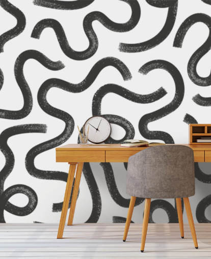 abstraktes schwarz-weißes Wandbild mit anpassbarem nahtlosem Muster namens Hand Drawn Wavy Maze
