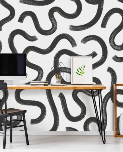 zwart-wit aanpasbare abstracte muurschildering met naadloos patroon genaamd Hand Drawn Wavy Maze