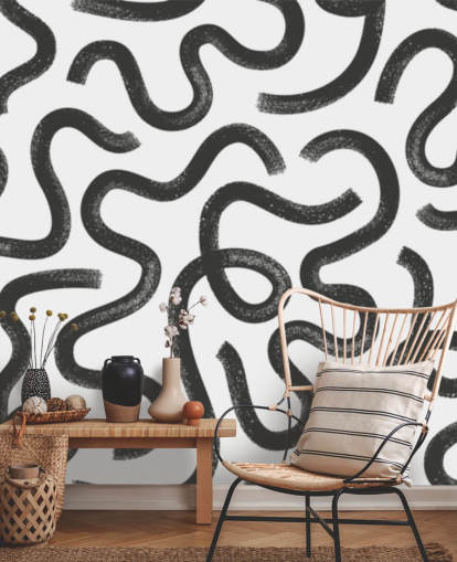 zwart-wit aanpasbare abstracte muurschildering met naadloos patroon genaamd Hand Drawn Wavy Maze zwart-wit aanpasbare abstracte muurschildering met naadloos patroon genaamd Hand Drawn Wavy Maze