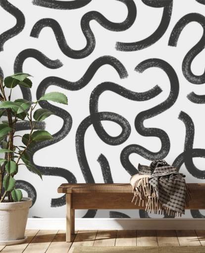 abstraktes schwarz-weißes Wandbild mit anpassbarem nahtlosem Muster namens Hand Drawn Wavy Maze abstraktes schwarz-weißes Wandbild mit anpassbarem nahtlosem Muster namens Hand Drawn Wavy Maze