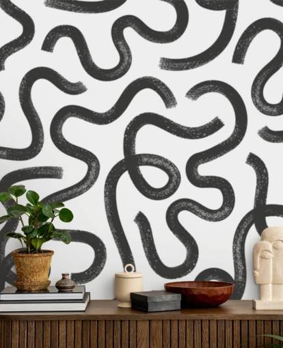svart og hvitt tilpassbart sømløst mønster abstrakt veggmaleri kalt Hand Drawn Wavy Maze svart og hvitt tilpassbart sømløst mønster abstrakt veggmaleri kalt Hand Drawn Wavy Maze