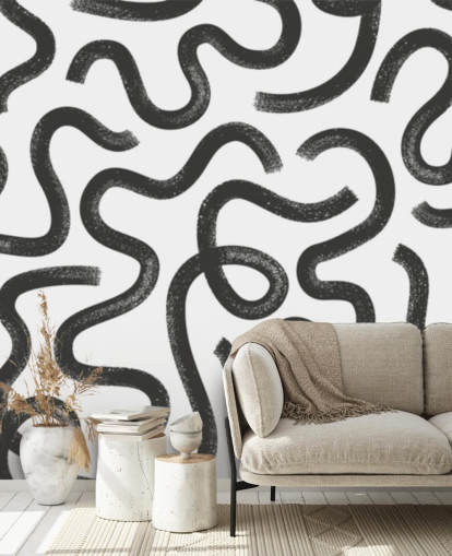 abstraktes schwarz-weißes Wandbild mit anpassbarem nahtlosem Muster namens Hand Drawn Wavy Maze