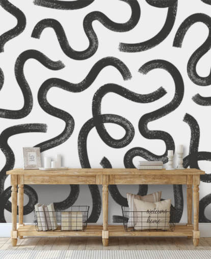 black and white customisable seamless pattern abstract mural called Hand Drawn Wavy Maze