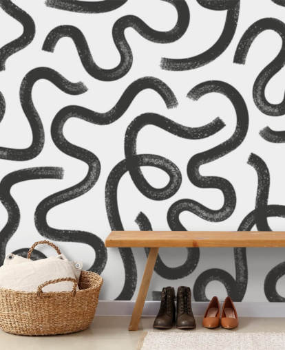 black and white customisable seamless pattern abstract mural called Hand Drawn Wavy Maze