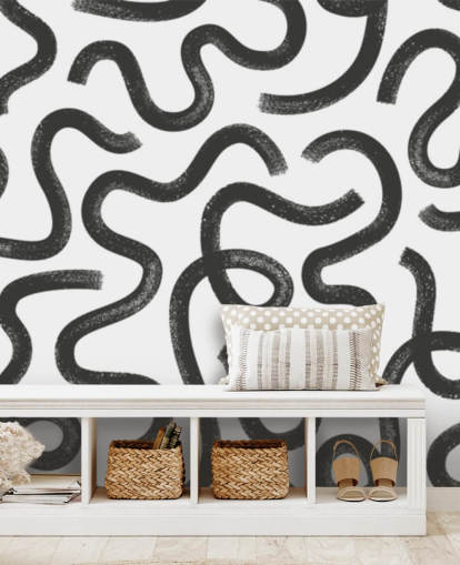 mural abstracto con patrón sin fisuras personalizable en blanco y negro llamado Hand Drawn Wavy Maze