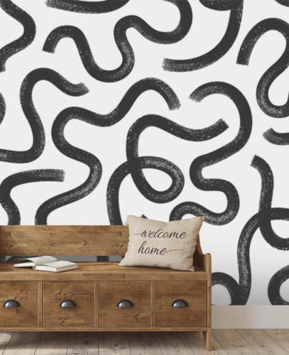 black and white customisable seamless pattern abstract mural called Hand Drawn Wavy Maze