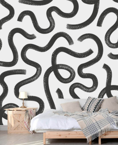 mustavalkoinen muokattava saumaton kuvioinen abstrakti seinämaalaus nimeltä Hand Drawn Wavy Maze