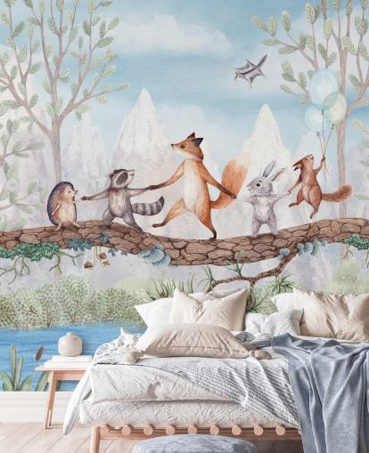 groene en bruine muurschildering in het bos genaamd Animal Adventure uit de Oliver Robins-collectie groene en bruine muurschildering in het bos genaamd Animal Adventure uit de Oliver Robins-collectie