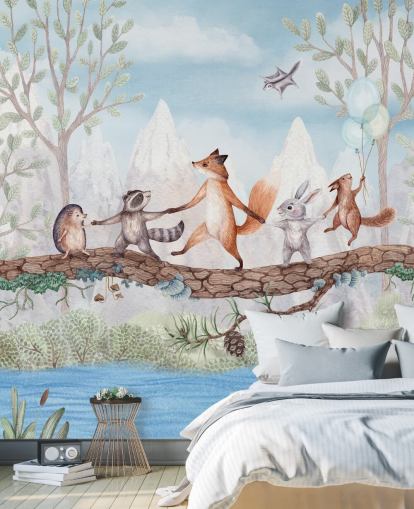 mural de viveiro de floresta verde e marrom chamado Animal Adventure da coleção Oliver Robins