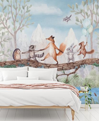 mural de guardería de un bosque verde y marrón llamado Animal Adventure de la colección Oliver Robins