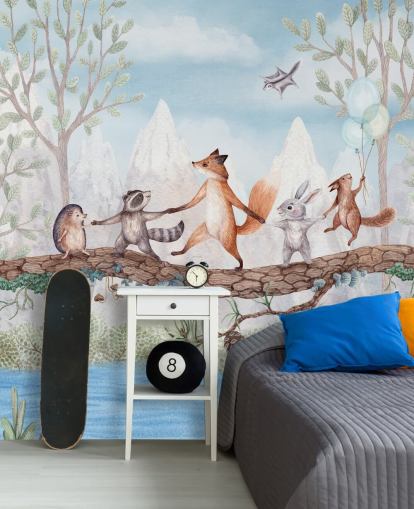 mural de guardería de un bosque verde y marrón llamado Animal Adventure de la colección Oliver Robins
