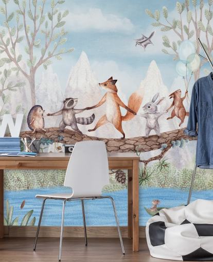 mural de guardería de un bosque verde y marrón llamado Animal Adventure de la colección Oliver Robins