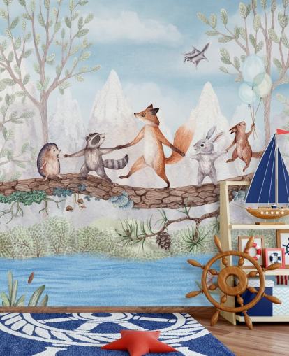 groene en bruine muurschildering in het bos genaamd Animal Adventure uit de Oliver Robins-collectie