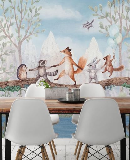 mural de guardería de un bosque verde y marrón llamado Animal Adventure de la colección Oliver Robins mural de guardería de un bosque verde y marrón llamado Animal Adventure de la colección Oliver Robins