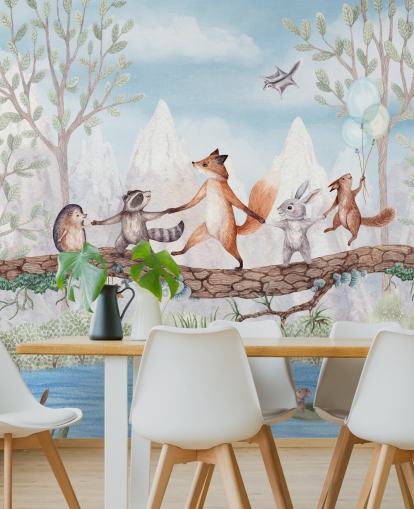 mural de guardería de un bosque verde y marrón llamado Animal Adventure de la colección Oliver Robins