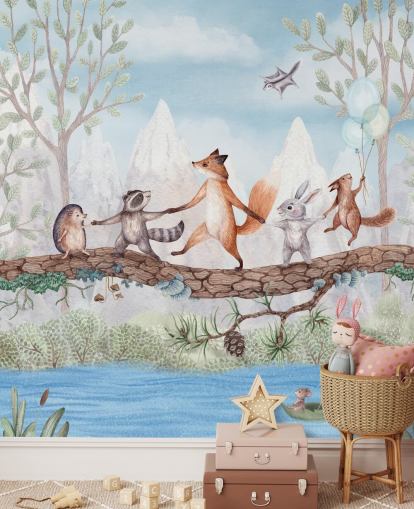 green and brown woodland nursery mural called Animal Adventure from the Oliver Robins collection green and brown woodland nursery mural called Animal Adventure from the Oliver Robins collection